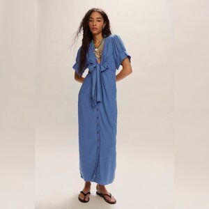Free People Vintage Summer Midi Dress XS Women Casual Buttondown Blue NWT 45054